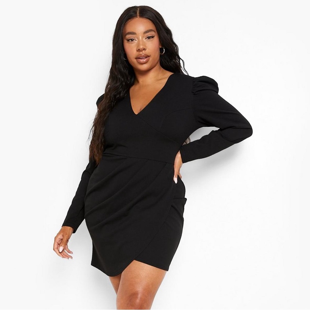 Plus Puff Sleeve Wrap Dress